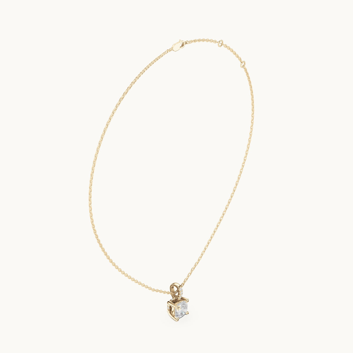 Cushion-cut lab-grown diamond pavé bail solitaire pendant in yellow gold, 1.58 CT TW, view 1