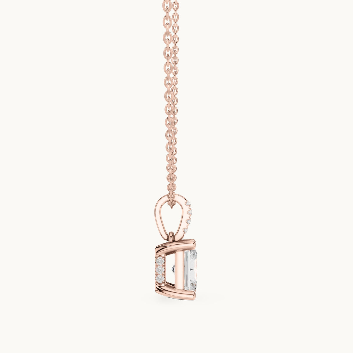 Radiant-cut lab-grown diamond pavé bail solitaire pendant in rose gold, 1.62 CT TW, view 3
