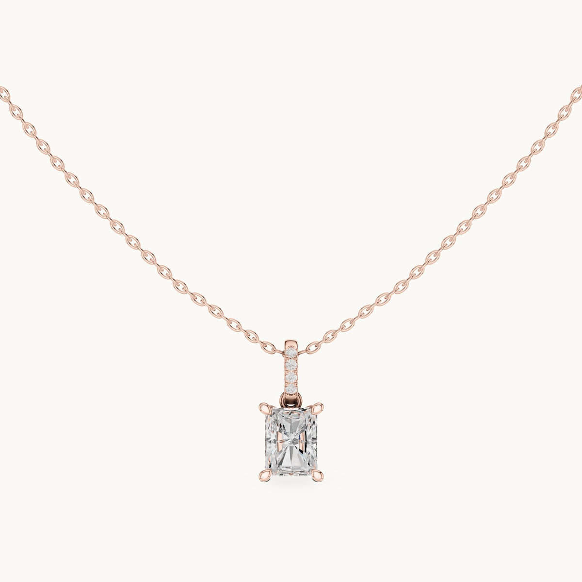 Radiant-cut lab-grown diamond pavé bail solitaire pendant in rose gold, 1.62 CT TW, view 4