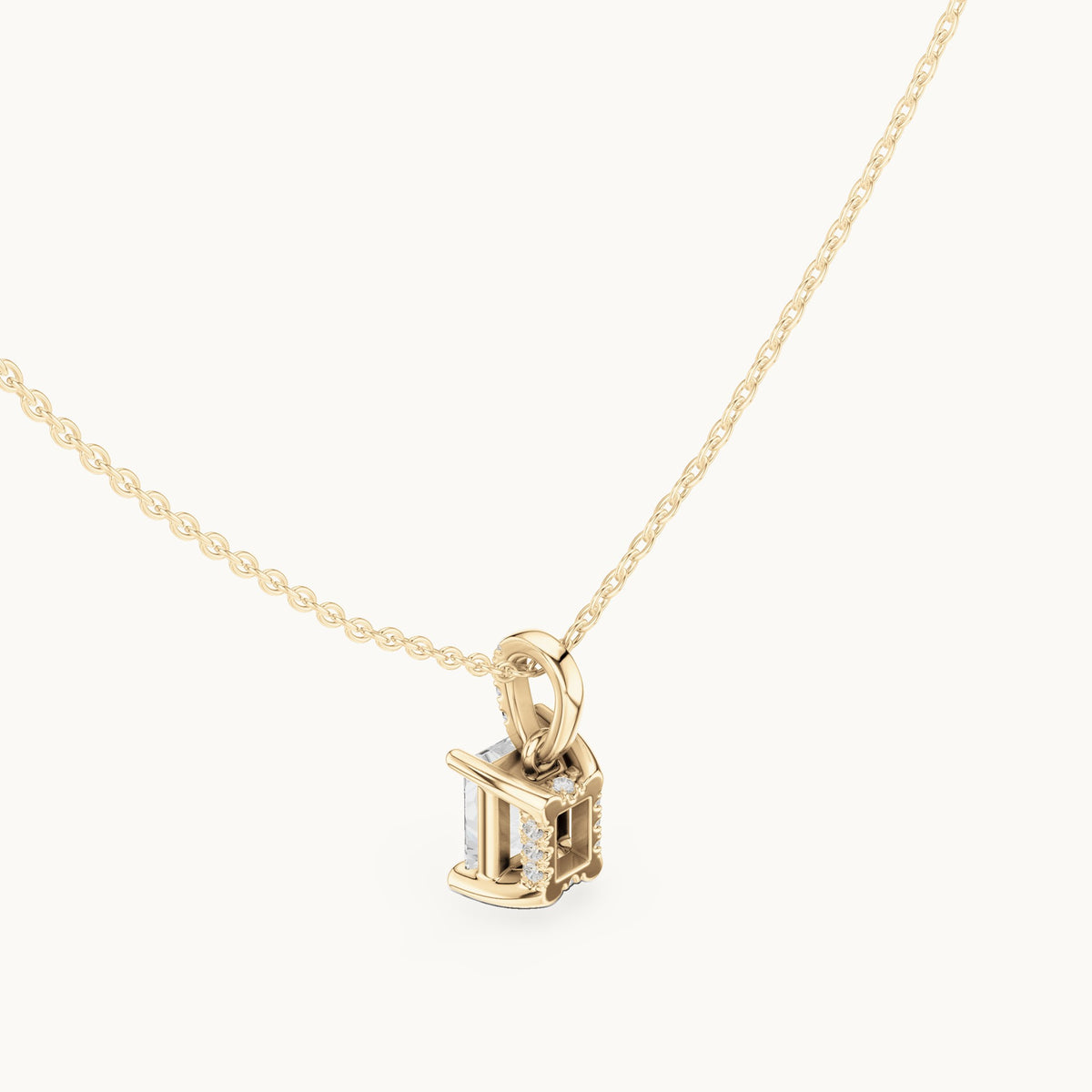 Radiant-cut lab-grown diamond pavé bail solitaire pendant in yellow gold, 1.62 CT TW, view 2