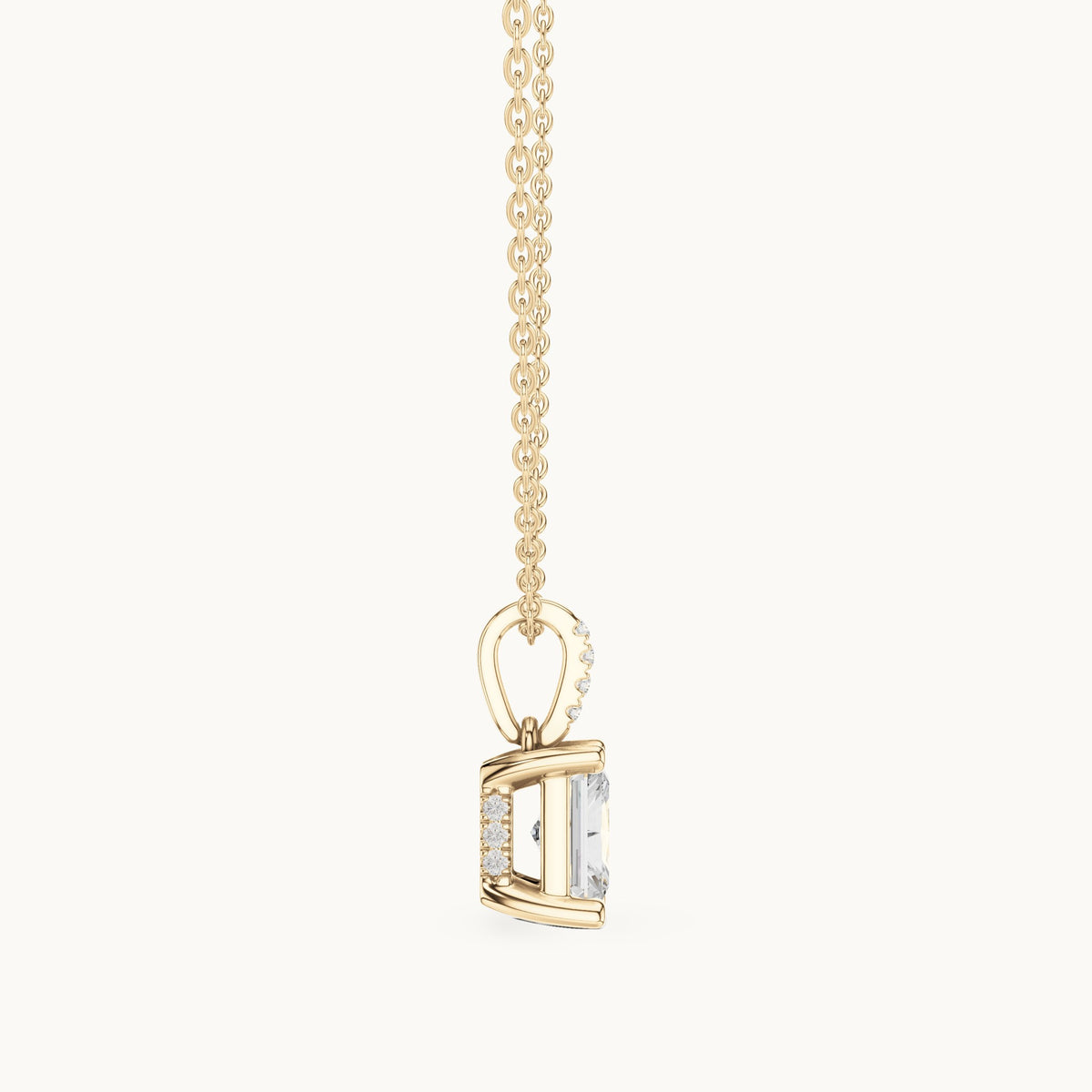 Radiant-cut lab-grown diamond pavé bail solitaire pendant in yellow gold, 1.62 CT TW, view 3