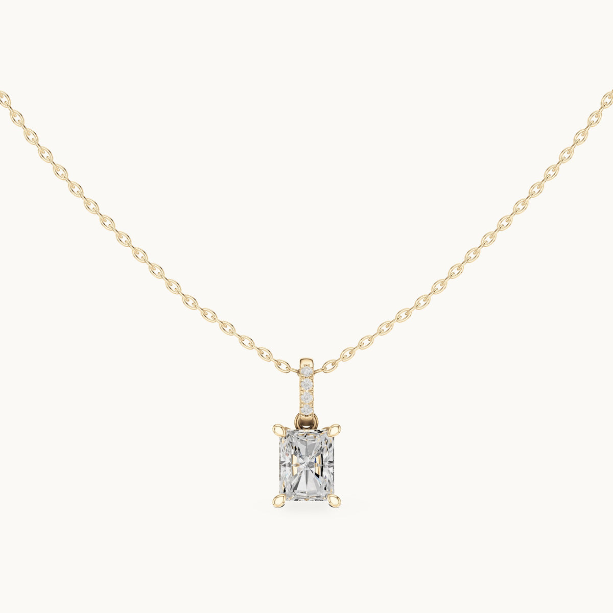Radiant-cut lab-grown diamond pavé bail solitaire pendant in yellow gold, 1.62 CT TW, view 4