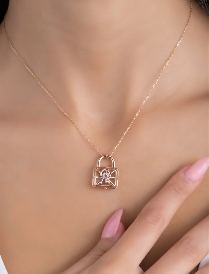 18K GOLD DOUBLE-SIDED DIAMOND “LOCK” CAGE NECKLACE