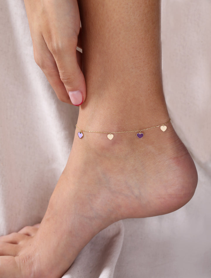 18K Gold Dangling Enamel Heart Anklet