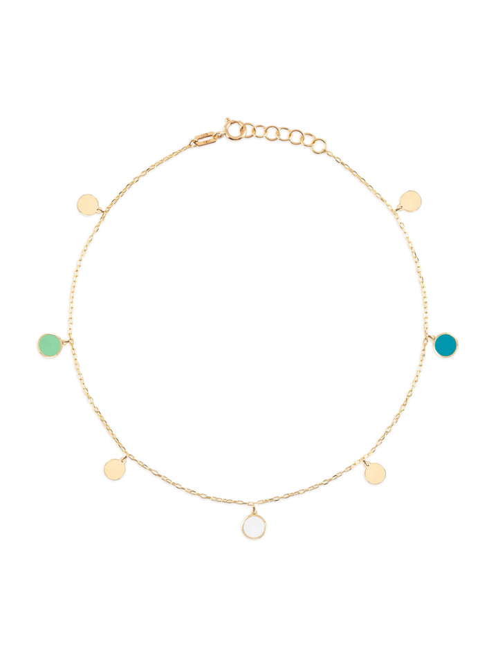 18K Gold Dangling Enamel Disk Anklet - Pistache, White, Turquoise enamel