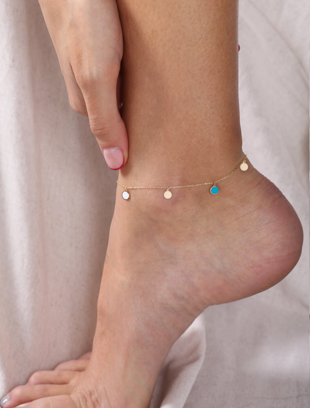 18K Gold Dangling Enamel Disk Anklet - Pistache, White, Turquoise enamel