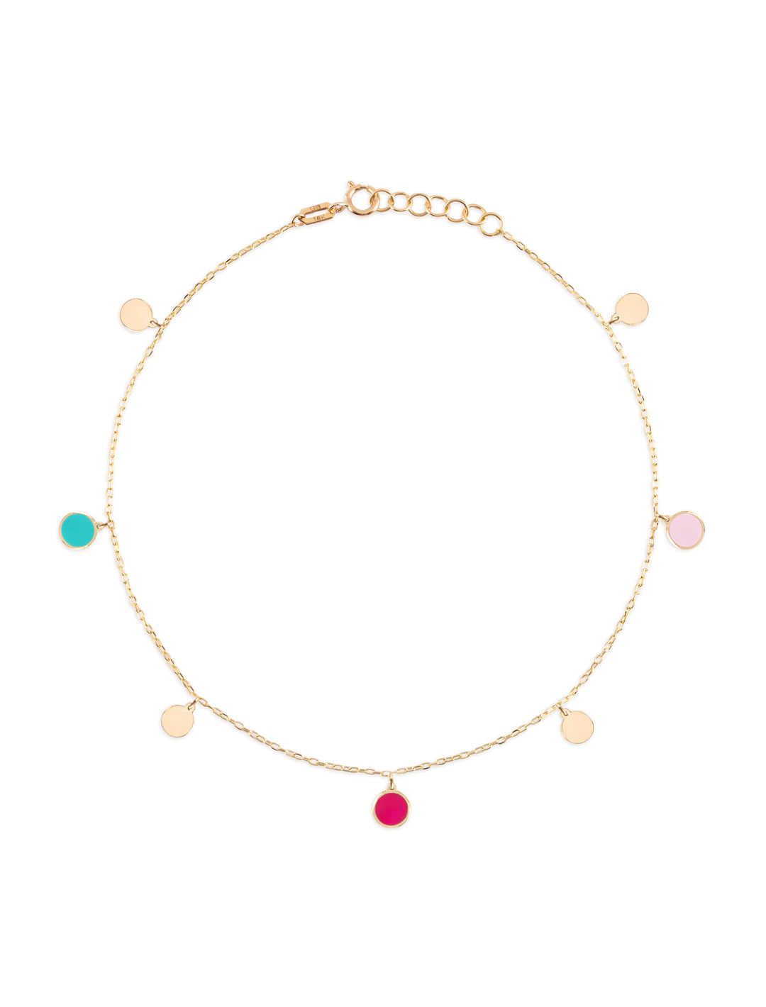 18K Gold Dangling Enamel Disk Anklet - Tiffany Blue, Fuchsia, Blush Pink enamel