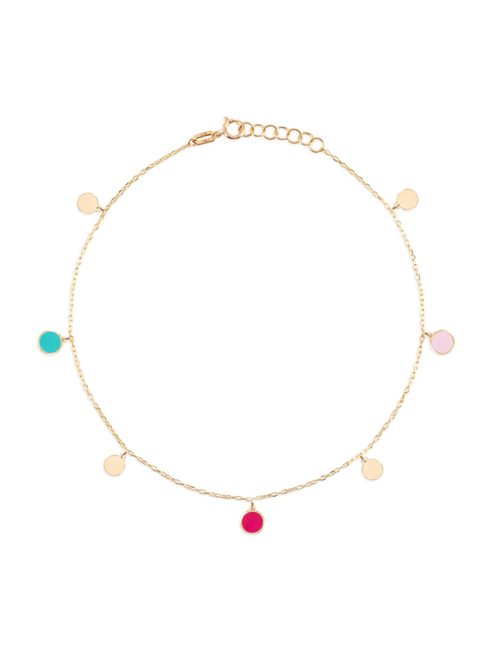 18K Gold Dangling Enamel Disk Anklet - Tiffany Blue, Fuchsia, Blush Pink enamel