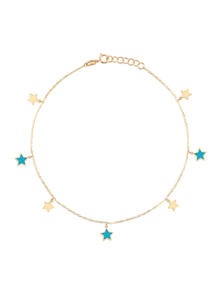 18K Gold Dangling Enamel Star Anklet