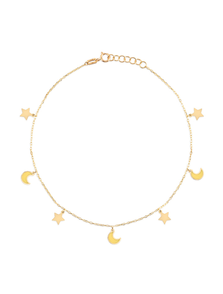 18K Gold Dangling Enamel Moon Star Anklet