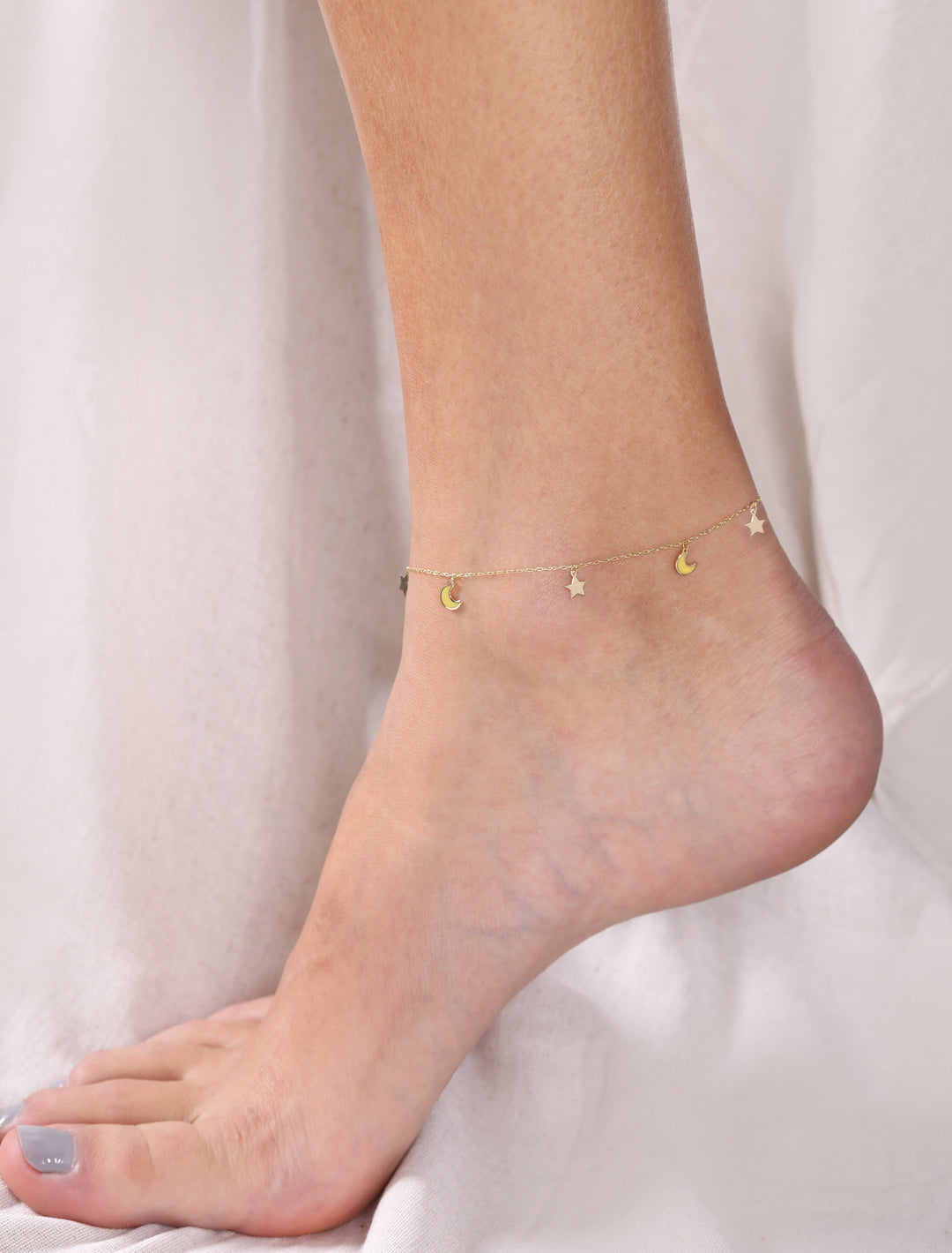 18K Gold Dangling Enamel Moon Star Anklet