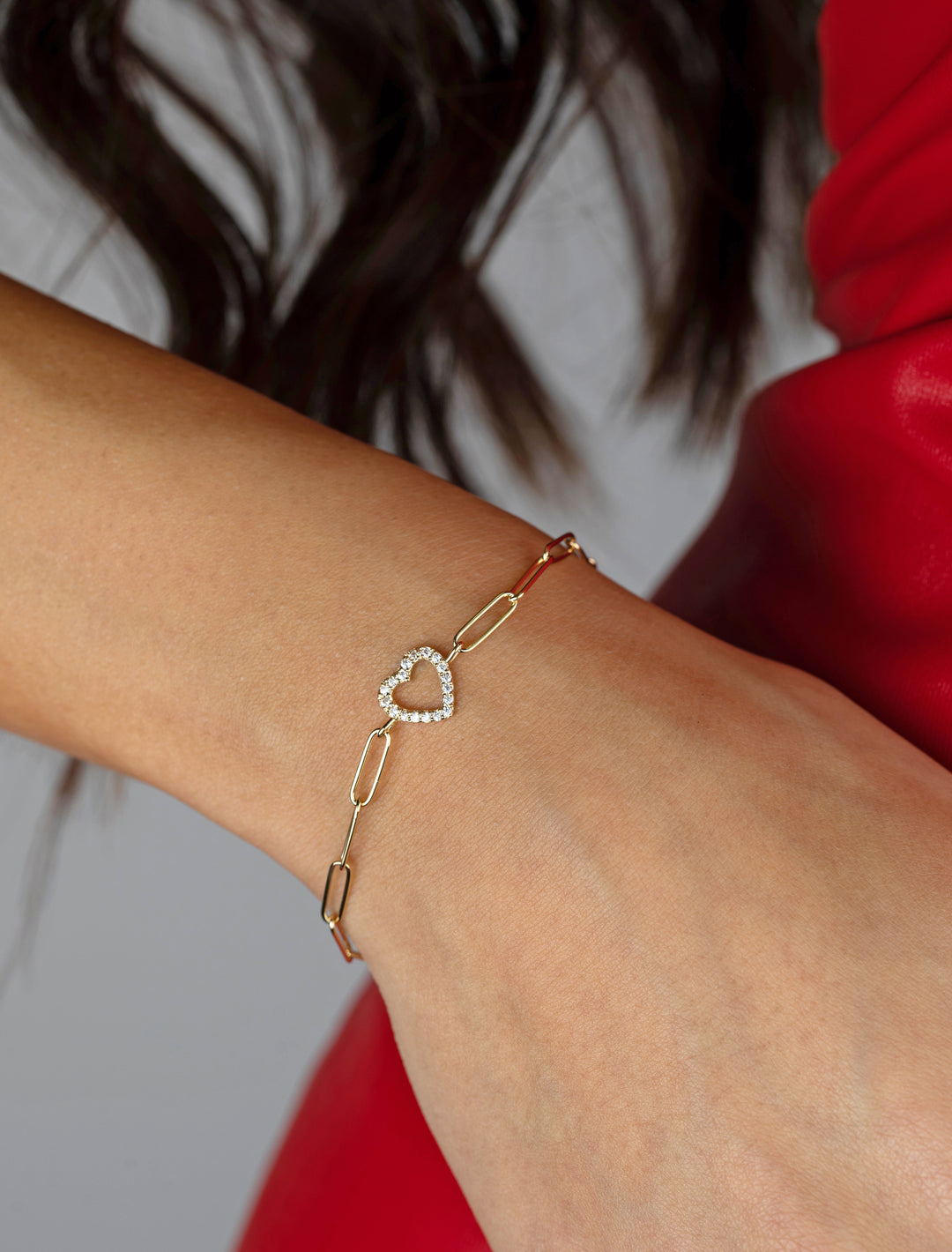 18K GOLD OPEN HEART PAPER CLIP BRACELET