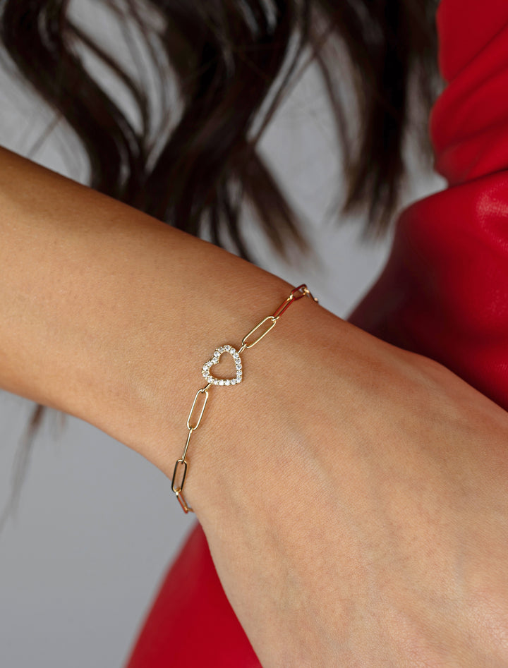 18K GOLD OPEN HEART PAPER CLIP BRACELET