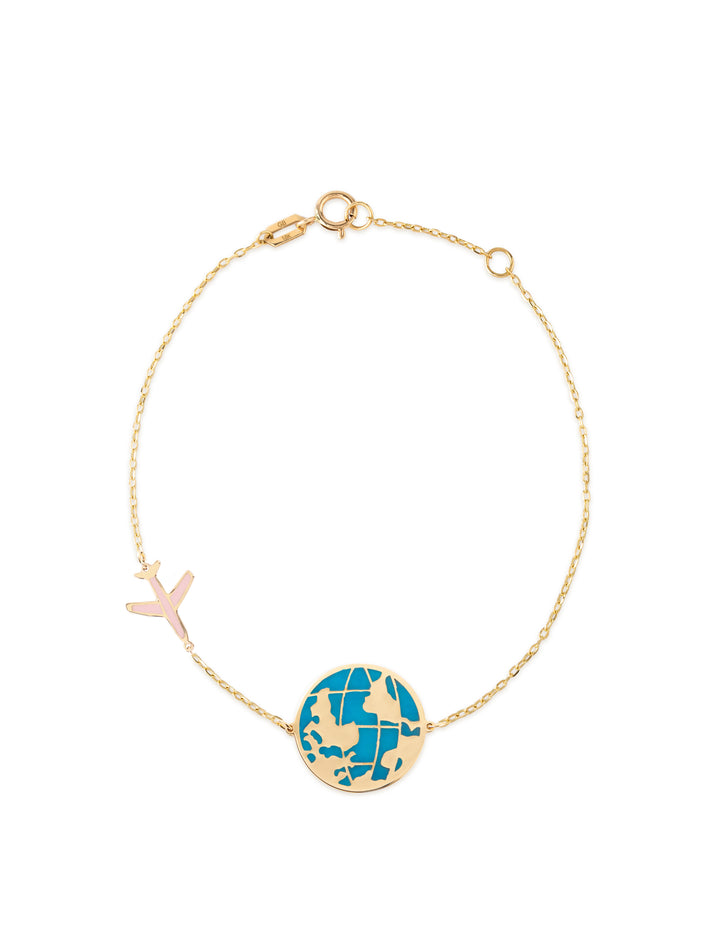 18K Gold Plane And Globe Enamel Bracelet