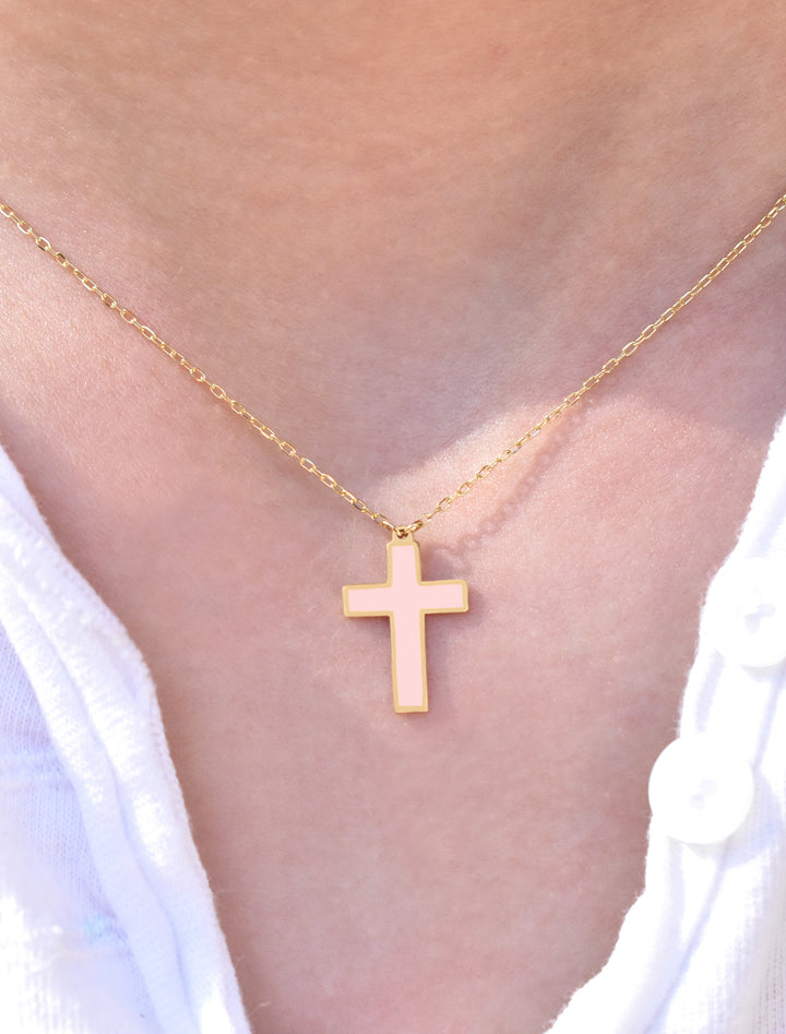 18K Gold Enamel Cross Kids Necklace