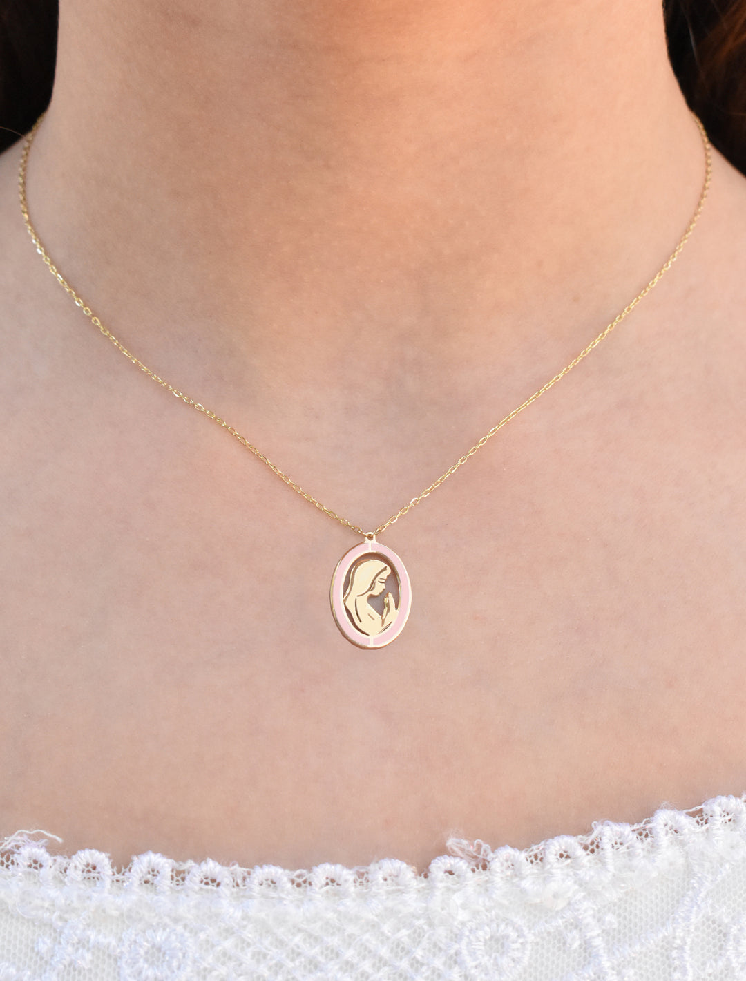 18K Gold Enamel Holy Mary Kids Necklace