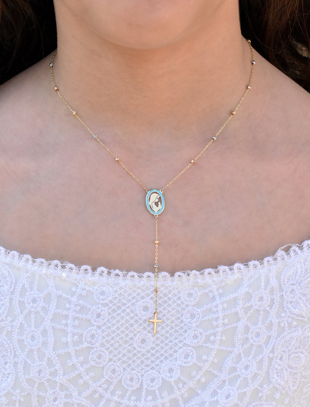 18K Gold Enamel Holy Mary Kids Rosary Necklace