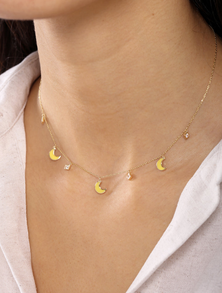 18K Gold Dangling Glitter Enamel Moon Necklace