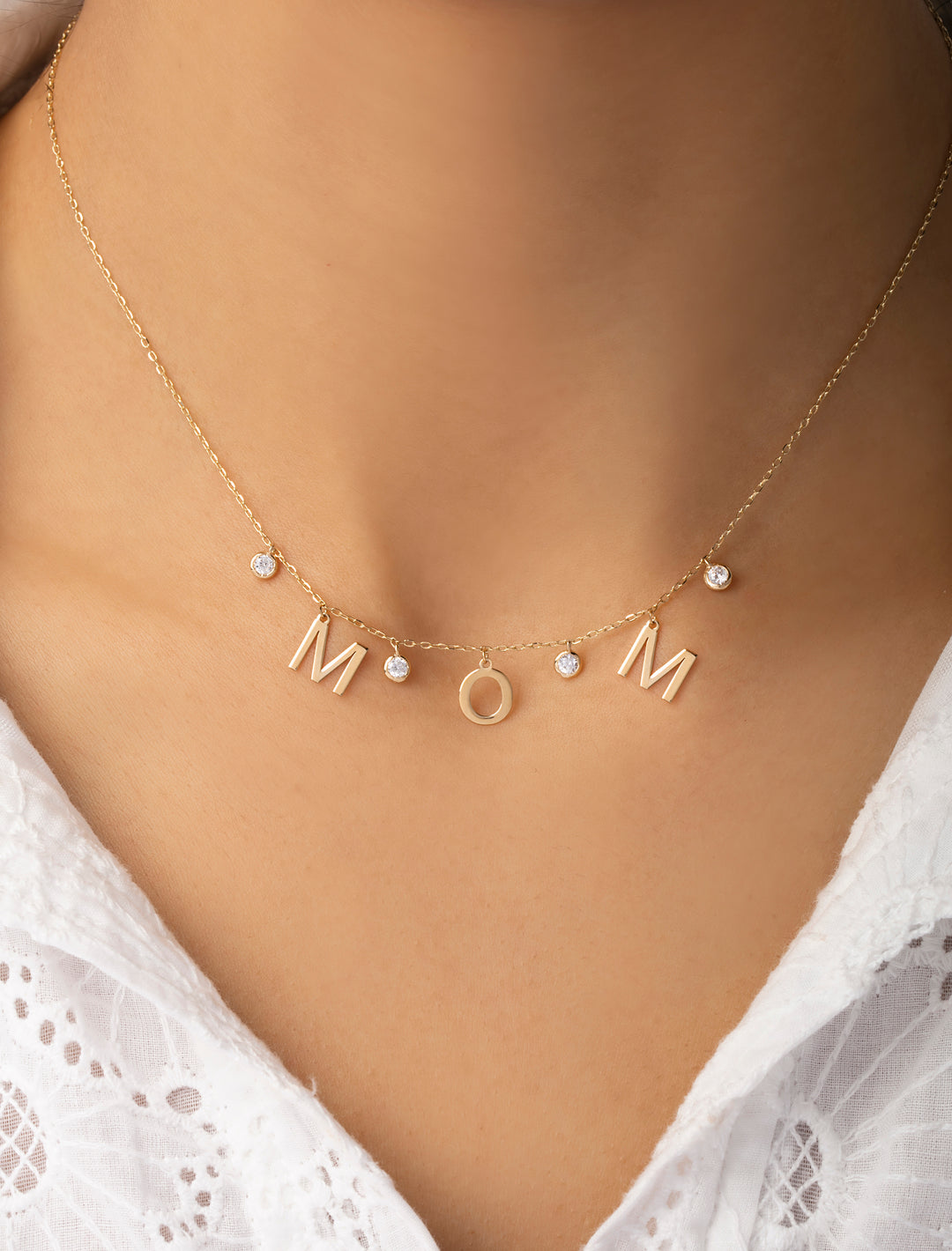 18K Gold Dangling Bezel Mom Necklace