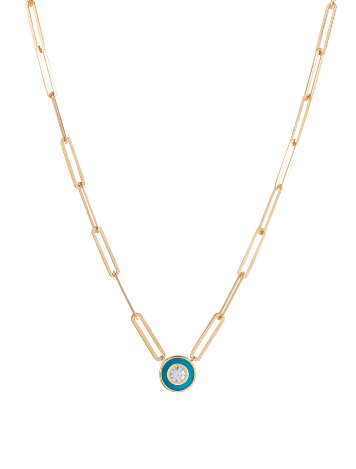 18K Gold Paper Clip Circle Enamel Necklace