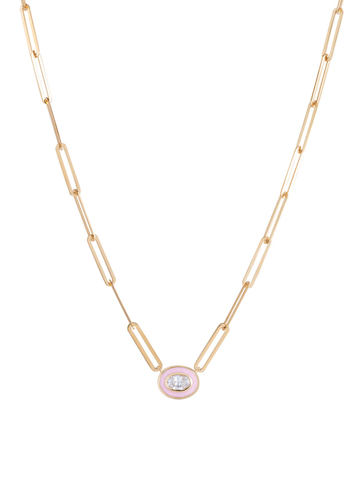 18K Gold Paper Clip Oval Enamel Necklace