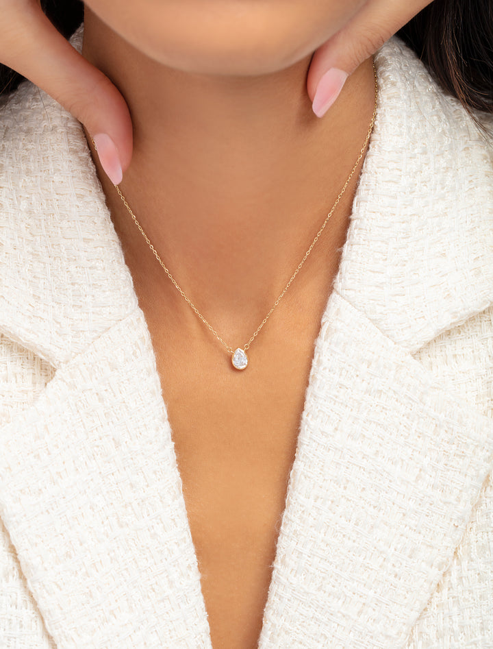 18K Gold Bezel Set Tear Necklace