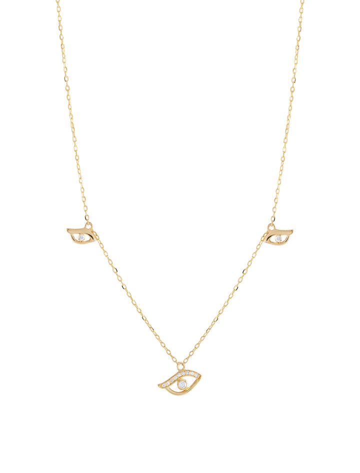 18K Gold 3 Asymmetric Evil Eyes Diamond Necklace