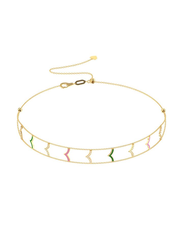 18K Gold Chevron Pattern Enamel Chocker With Sliding Ball Clasp