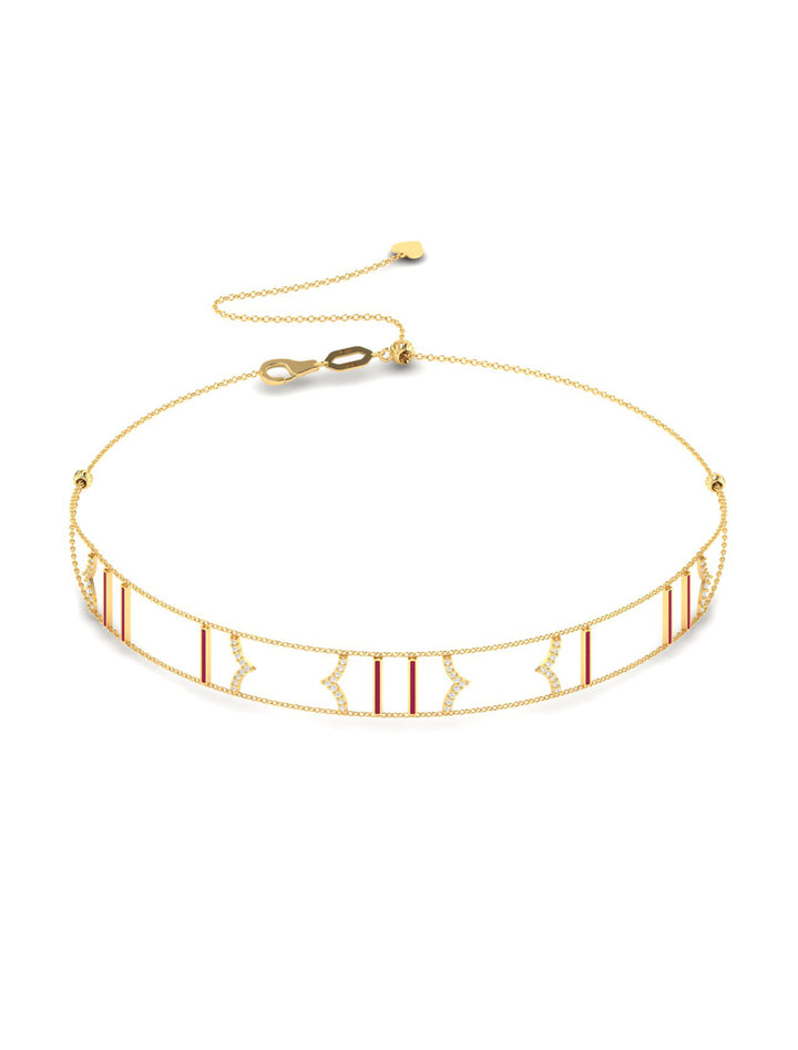 18K Gold Vertical Lines X Chevron Enamel Chocker With Sliding Ball Clasp