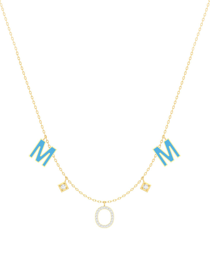 18K Gold Dangling Mom Enamel & Lozenge Gemstones Necklace