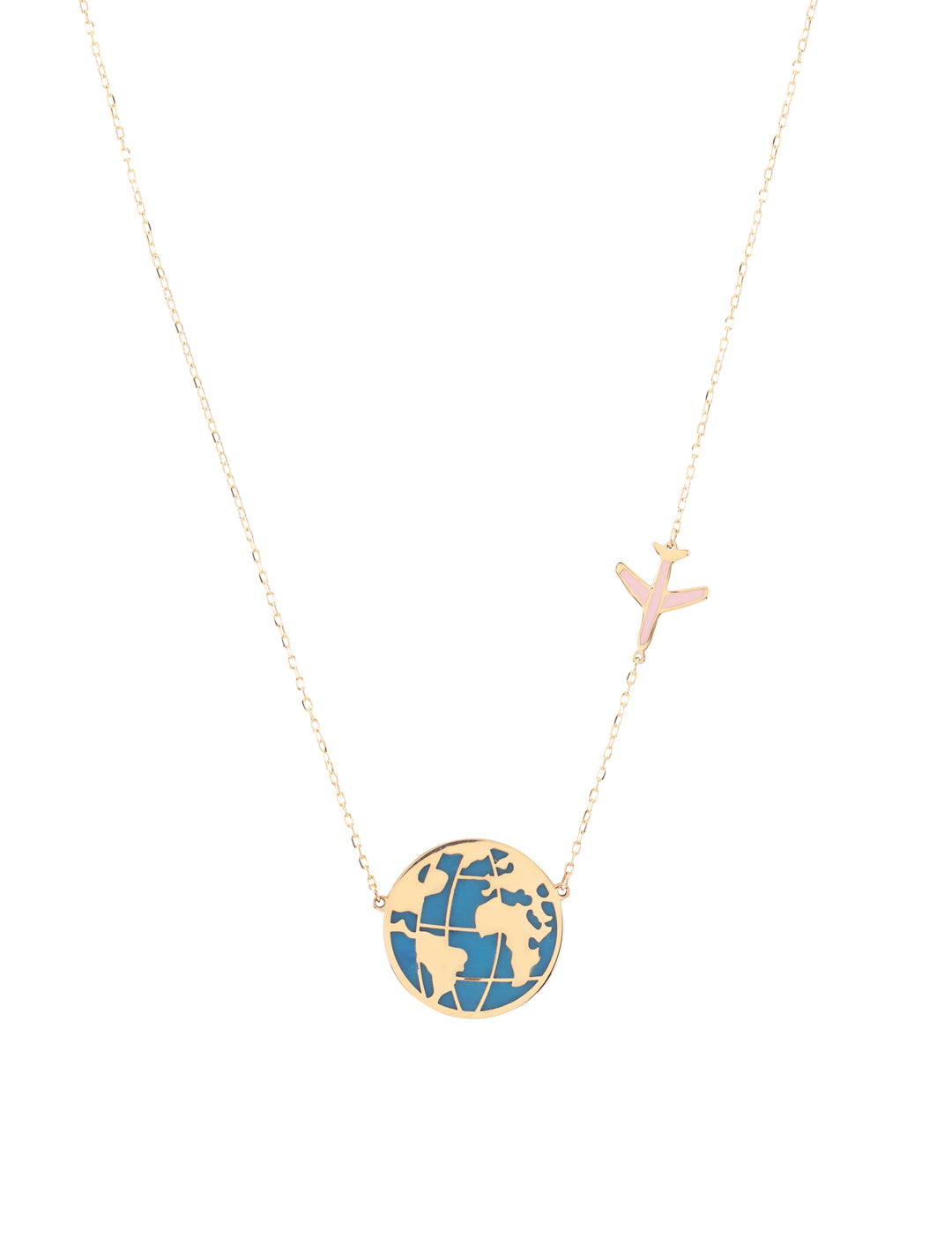 18K Gold Plane And Globe Enamel Necklace