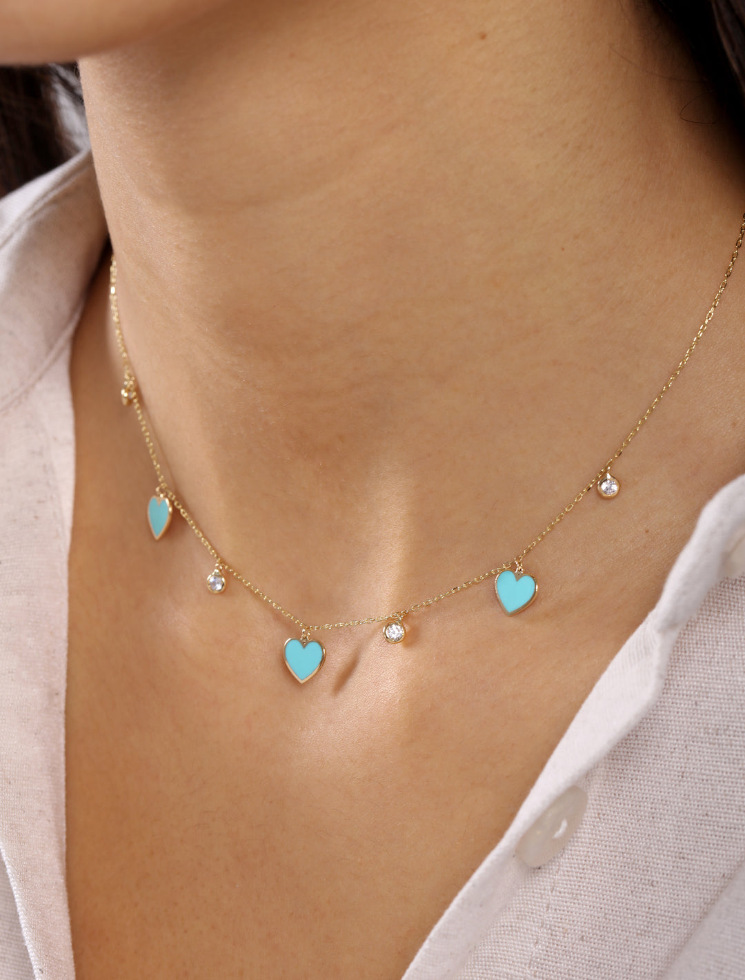 18K Gold Dangling Enamel Heart & Bezel-Set Gemstones Necklace