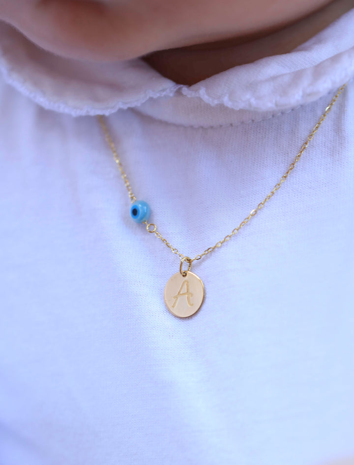 18K Gold Customized Newborn Initial Evil Eye Necklace