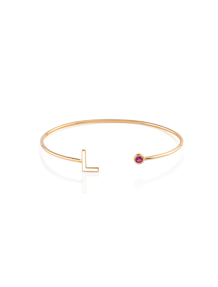 18K Gold Enamel Initial Open Bangle Bracelet