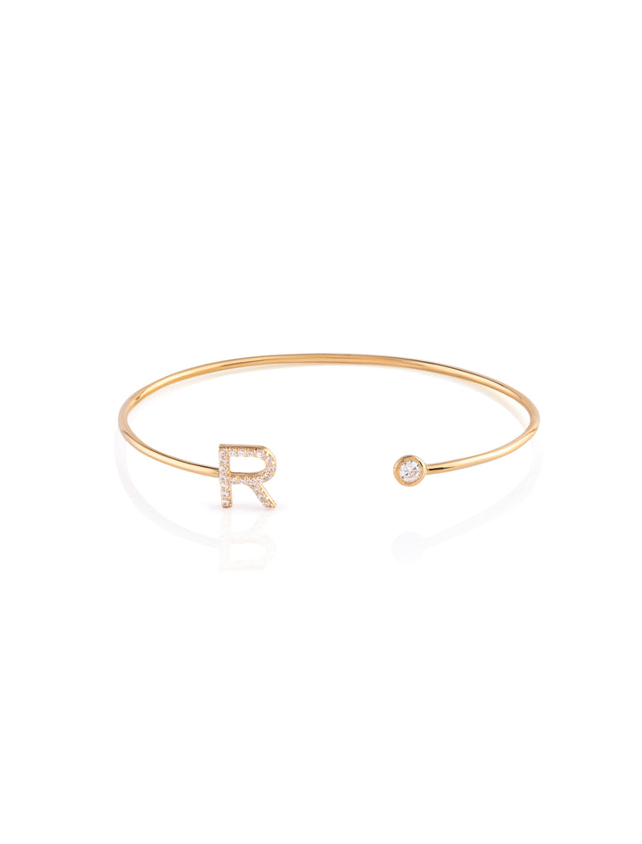 18K Gold Sparkle Initial Open Bangle Bracelet