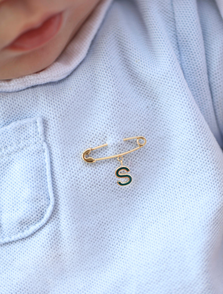 18K Gold Enamel Initial Newborn Safety Pin