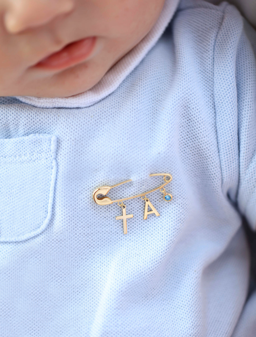 18K Gold Cross & Initial Newborn Safety Pin