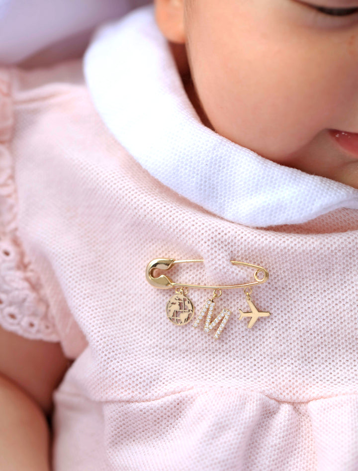 18K Gold Plane & Globe Newborn Safety Pin