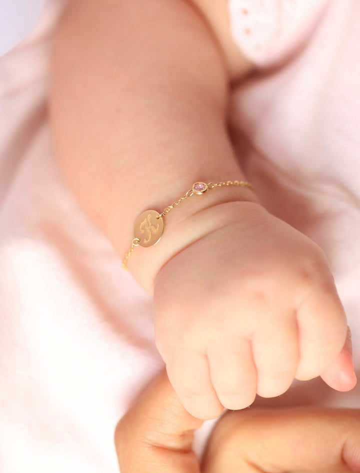 18K Gold Customized Newborn Initial Disc Bracelet