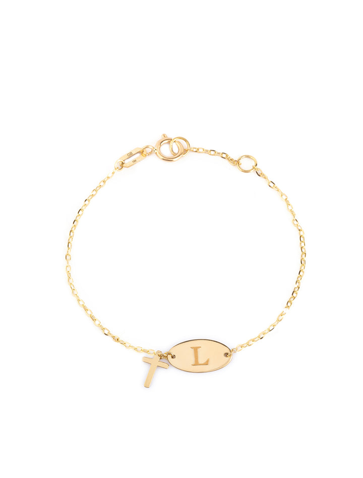 18K Gold Customized Newborn Plate Bracelet With Dangling Cross