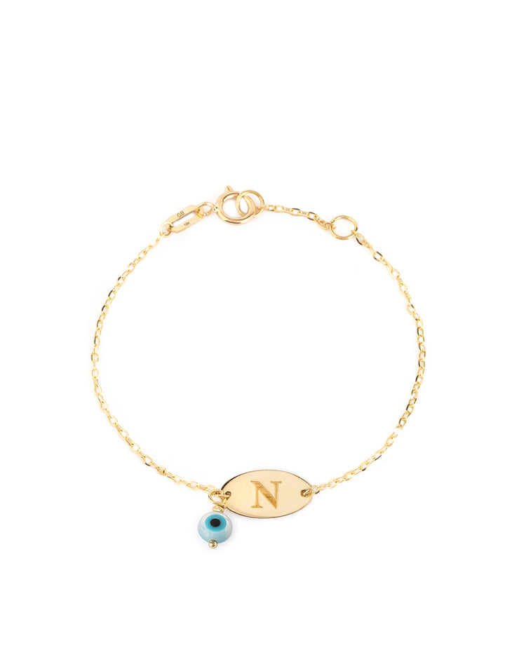 18K Gold Customized Newborn Plate Bracelet With Dangling Evil Eye Bead