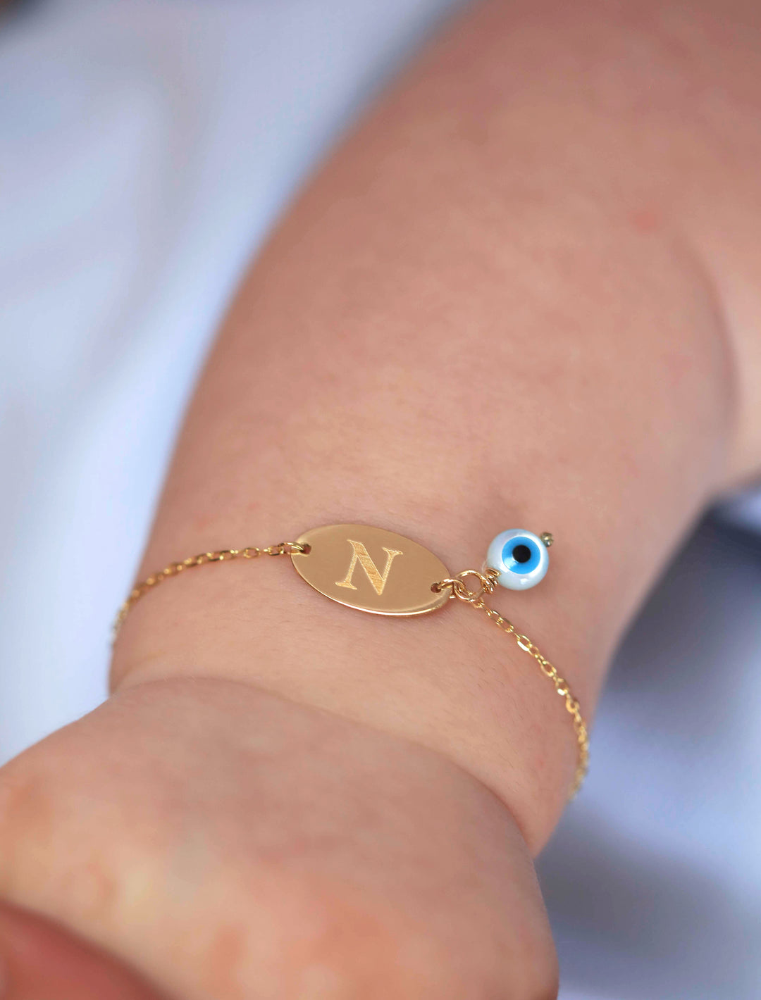 18K Gold Customized Newborn Plate Bracelet With Dangling Evil Eye Bead