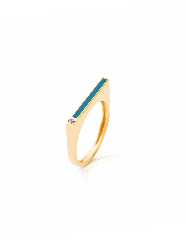 18K Gold Modern Rectangular Enamel Diamond Ring