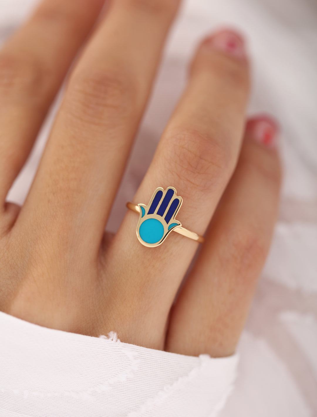 18K Gold Enamel Hamsa Hand Ring