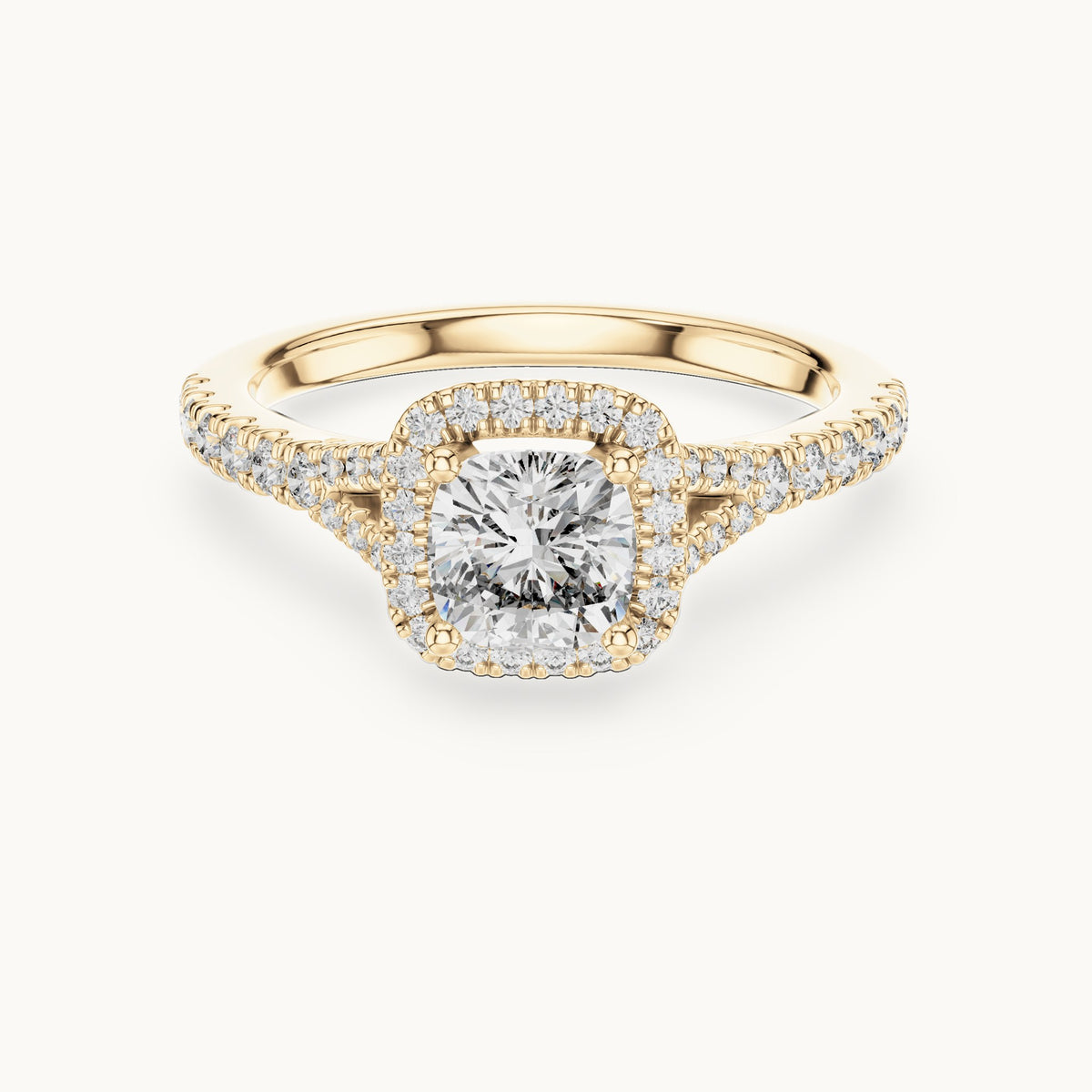 Cushion cut lab-grown diamond solitaire ring in 14K yellow gold, 1.38 CT TW, view 1