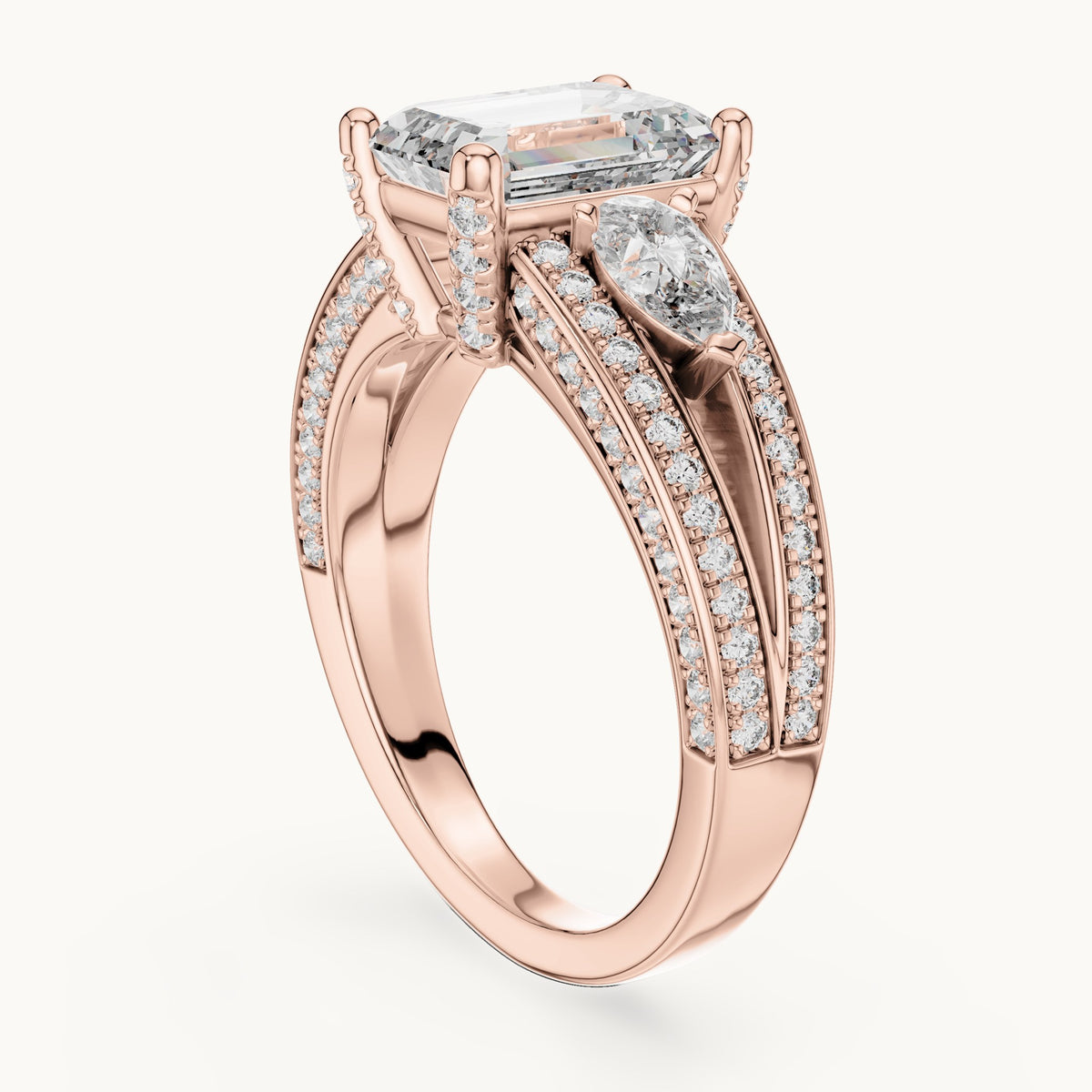 Emerald cut lab-grown diamond solitaire ring in 14K rose gold, 3.10 CT TW, view 1