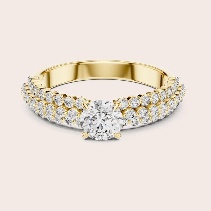 Round Cut Lab Grown Diamond Pavé Solitaire Ring in yellow gold