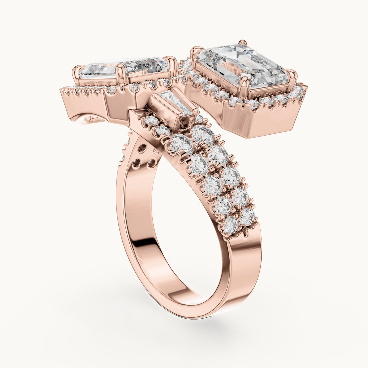 Emerald cut lab-grown diamond solitaire ring in 14K rose gold, 3.69 CT TW, view 1