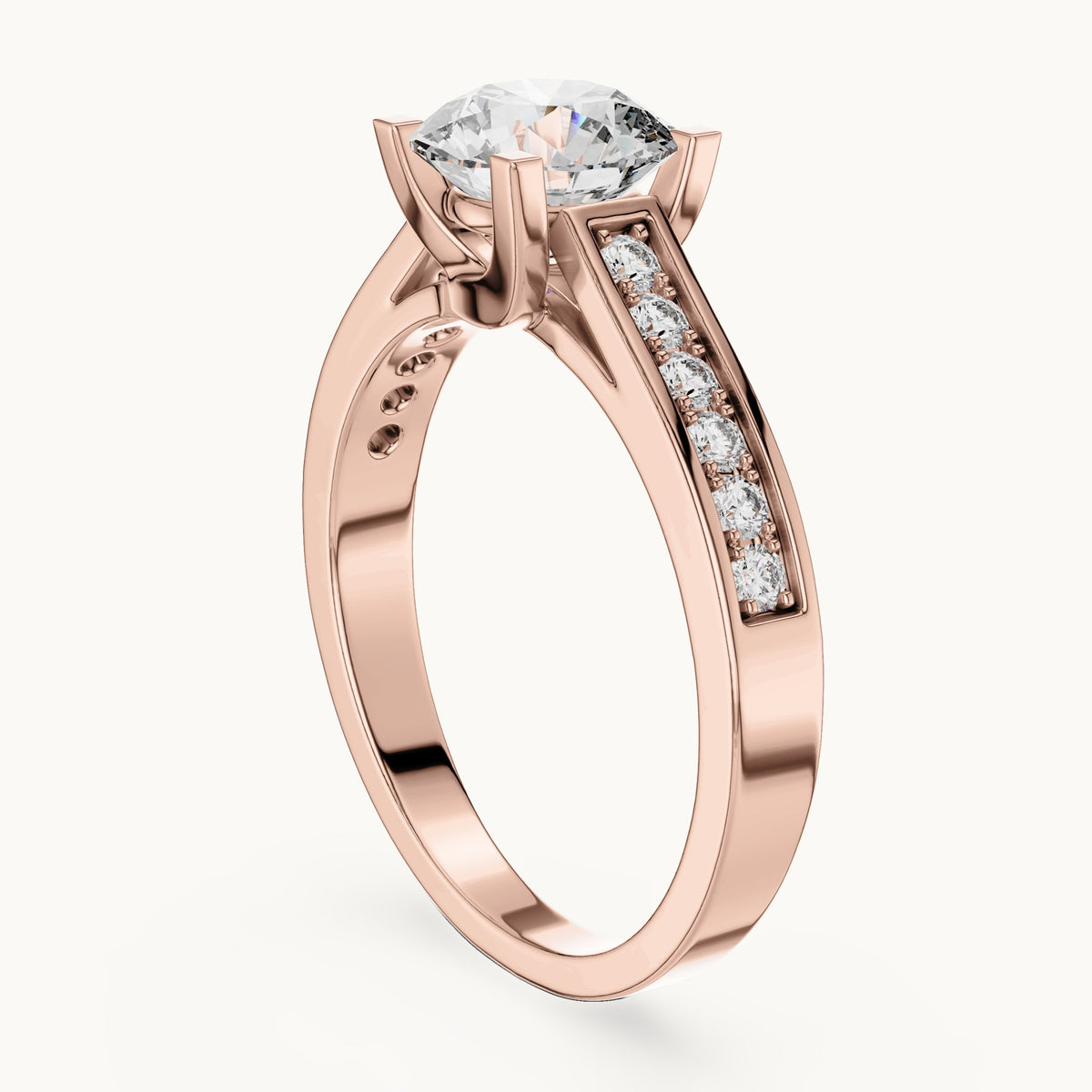 Round cut lab-grown diamond solitaire ring in 14K rose gold, 1.18 CT TW, view 1