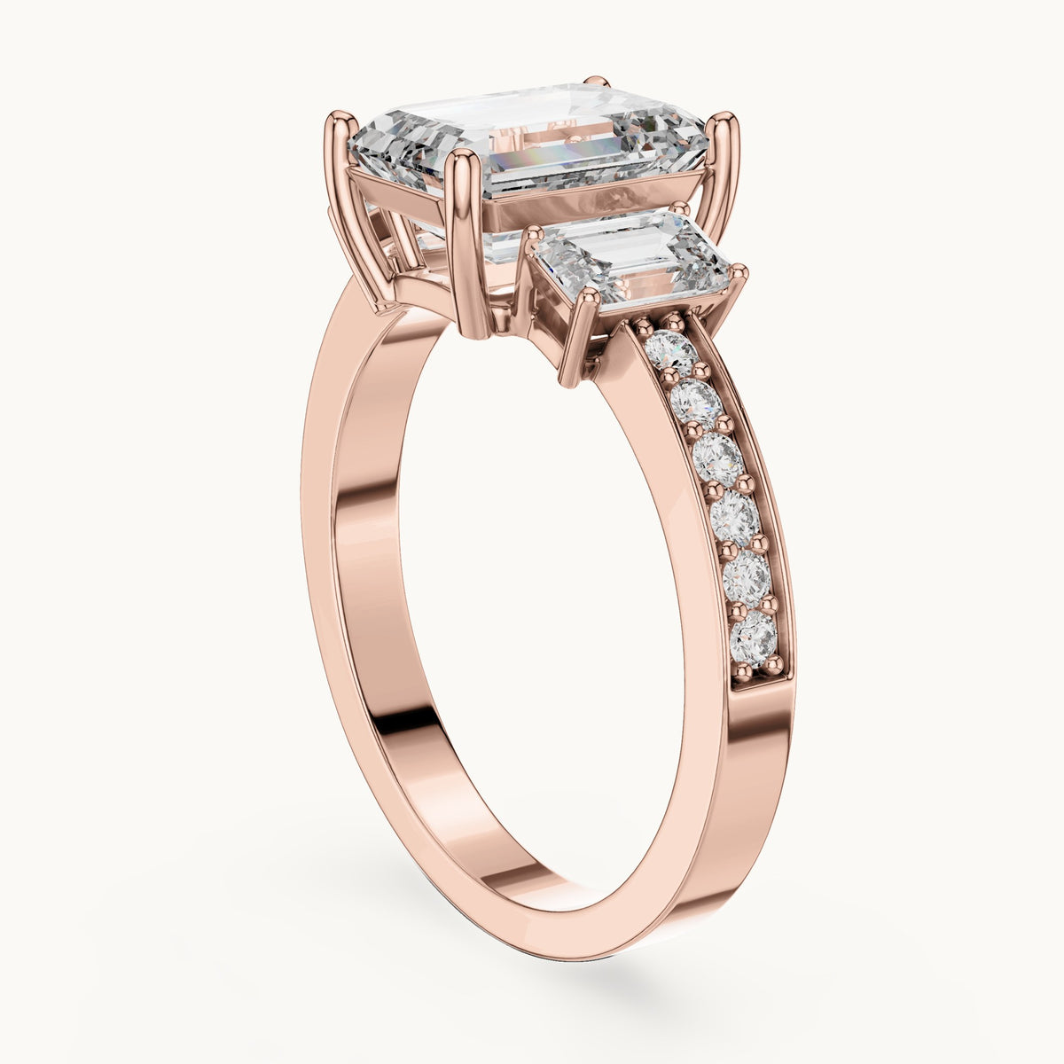 Emerald cut lab-grown diamond solitaire ring in 14K rose gold, 2.66 CT TW, view 1